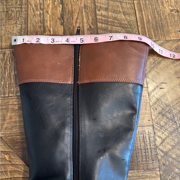 Two-Tone Black and Brown Mid-Calf Riding Boots - Women's Zip Heeled Boots - Picture 3 of 10